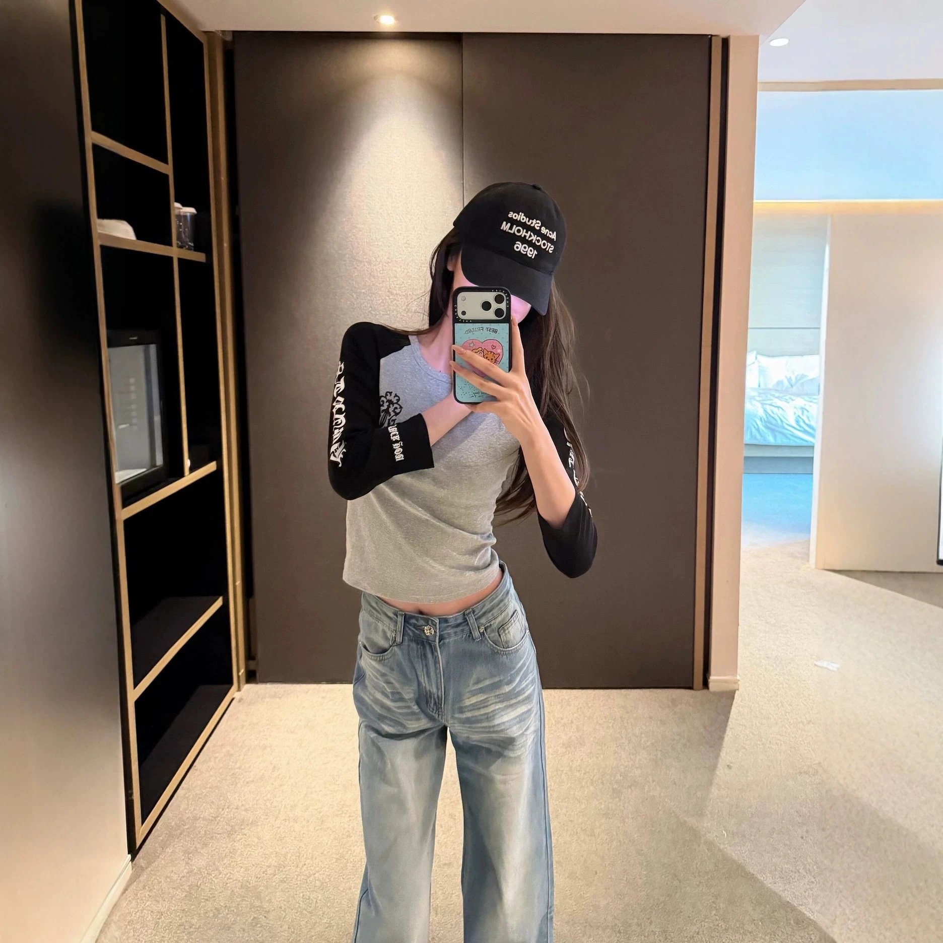Unisex Long Sleeve Grey Black Contrast Casual T-Shirt
