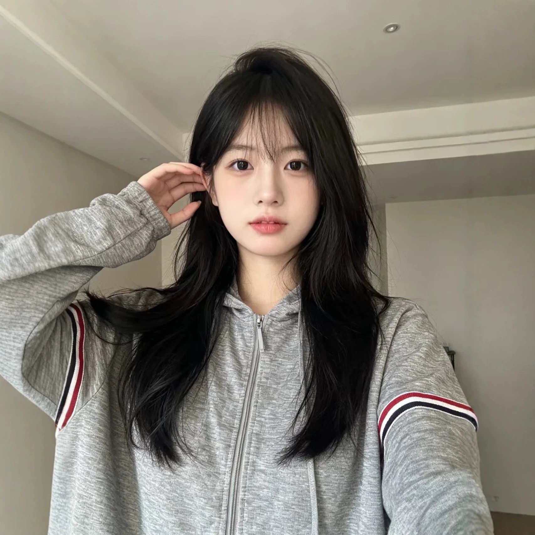 Grey Zip-Up Hoodie With Stripe Sleeves Casual Sweatshirt