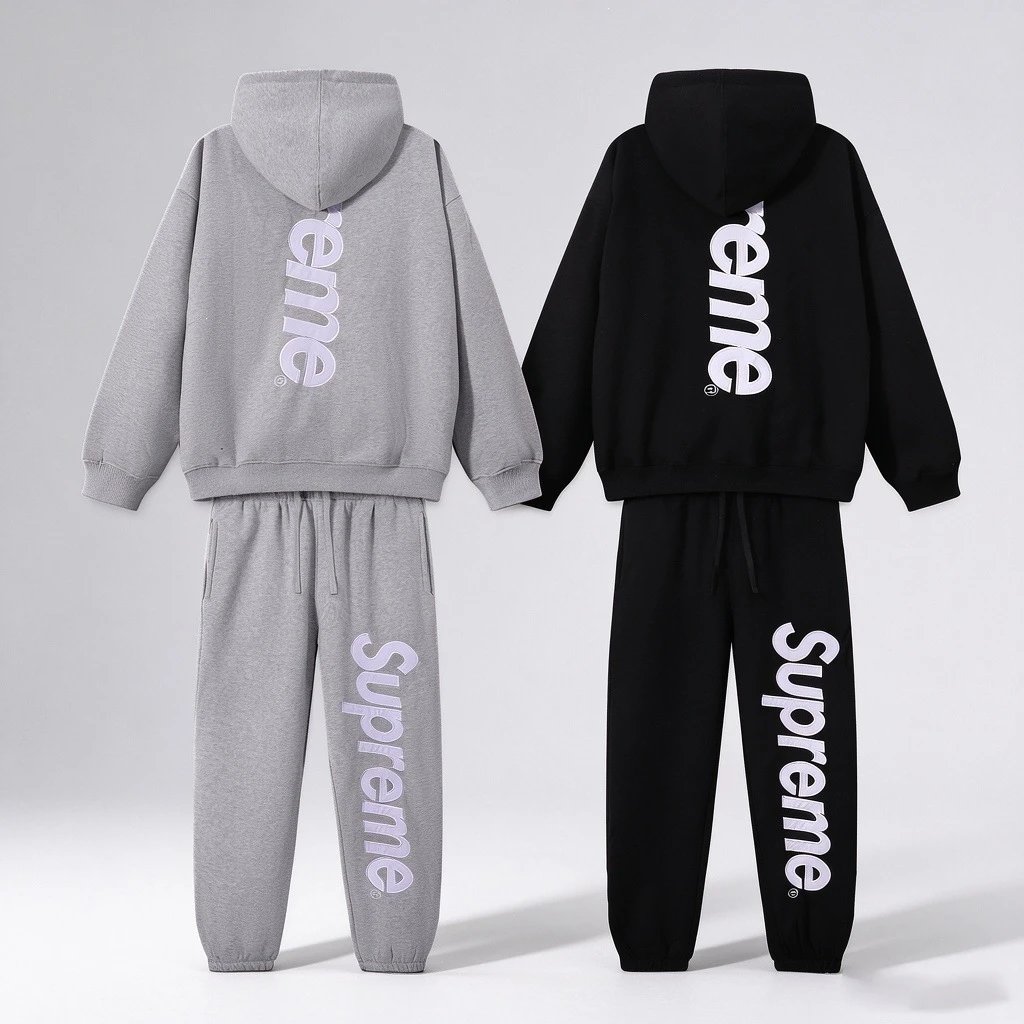 Supreme Hoodie Set Black And Grey Casual Tracksuit