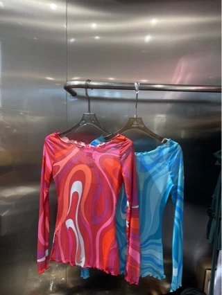 Abstract Print Long Sleeve Pink Blue Women's Top