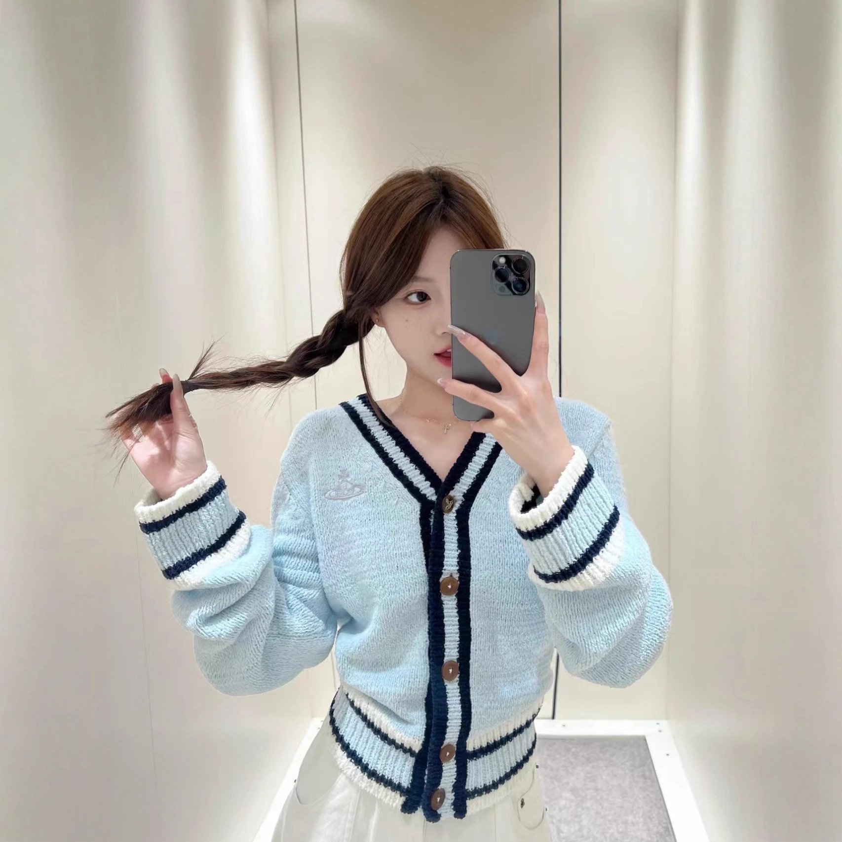 Knitted Cardigan Light Blue Striped Casual Sweater