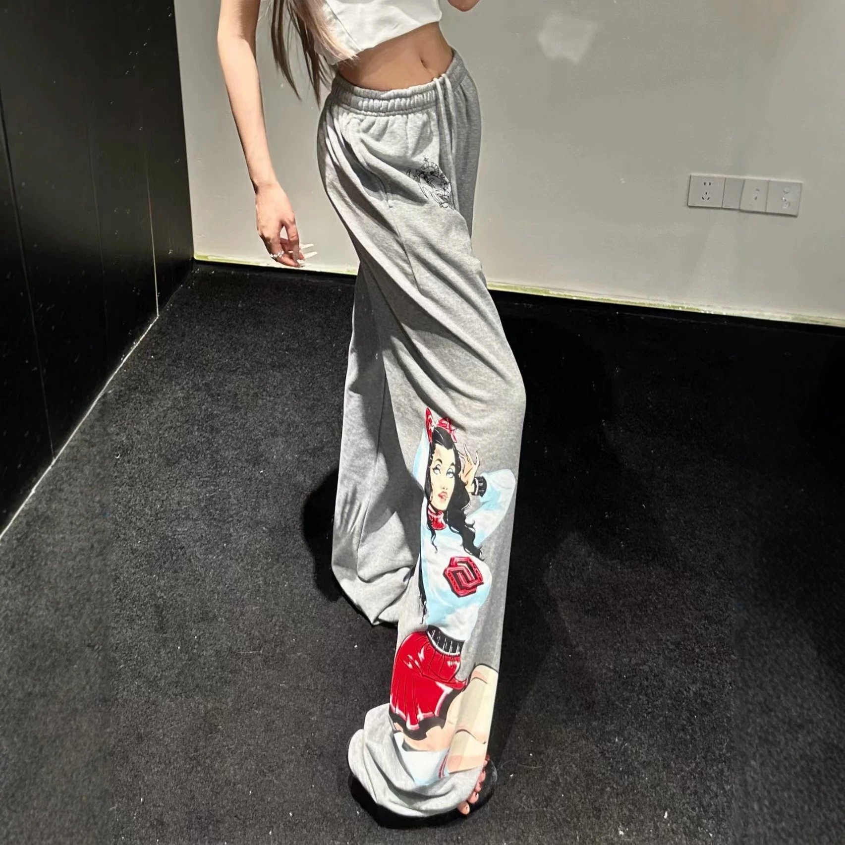 Grey Cartoon Print Wide Leg Sweatpants