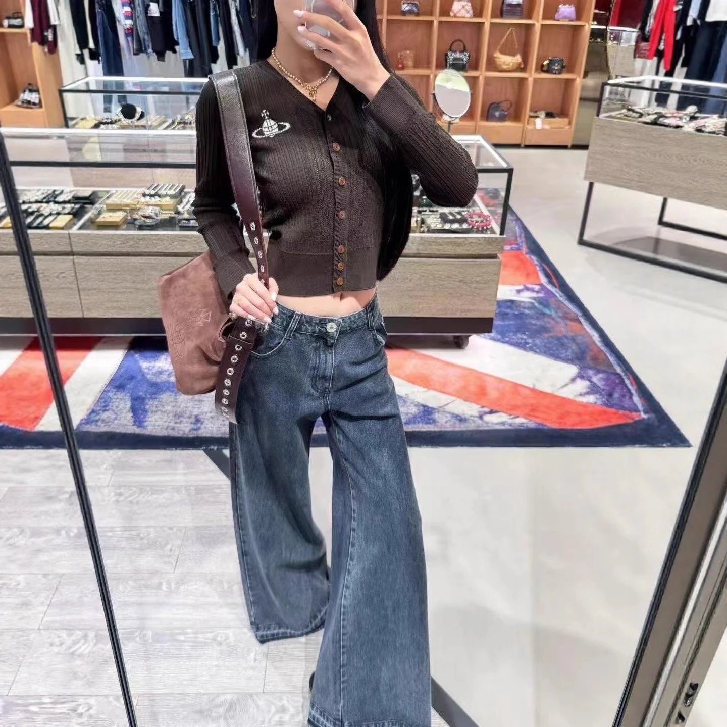 Brown Ribbed Button Up Crop Top Black Casual Top