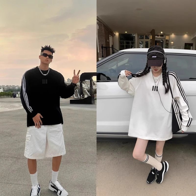 Unisex Oversized Long Sleeve Black White Sporty Sweatshirt