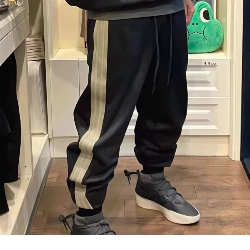 Black Track Trousers With Beige Stripe Casual Joggers