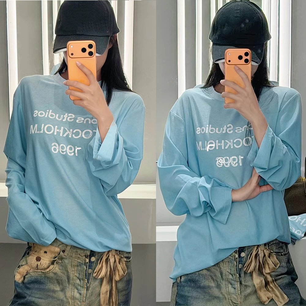 Unisex Oversized Light Blue Long Sleeve Graphic T-Shirt