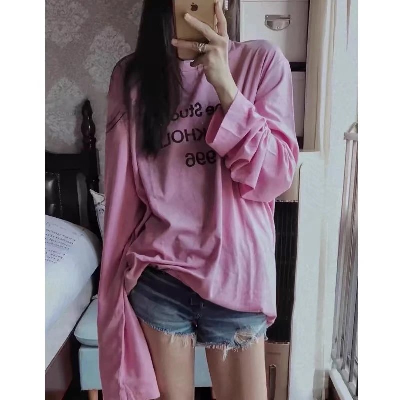 Pink Oversized Long Sleeve Graphic T-Shirt
