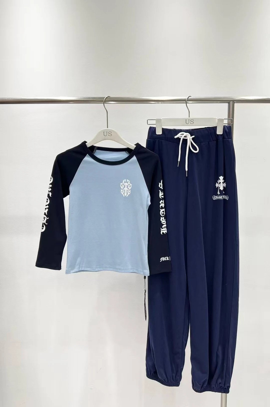 Unisex Blue And Navy Raglan Sleeve T-Shirt And Pants Set