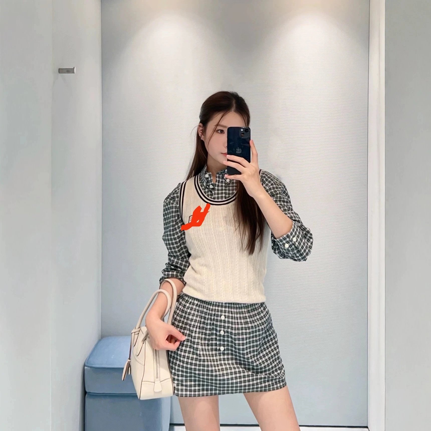 Checkered Shirt Skirt Set Beige And Black Casual Outfit