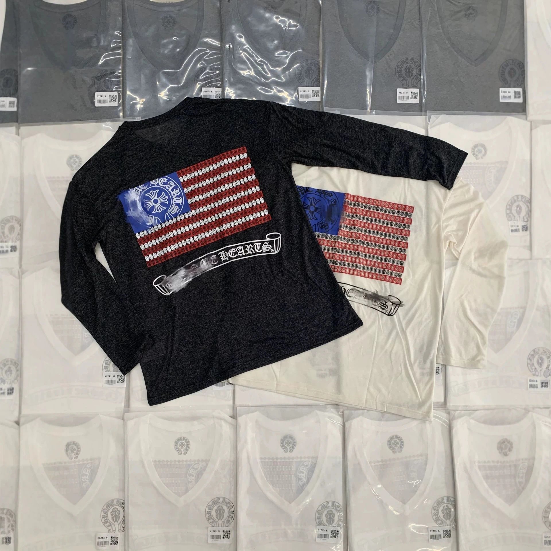 American Flag Print Black Long Sleeve T-Shirt
