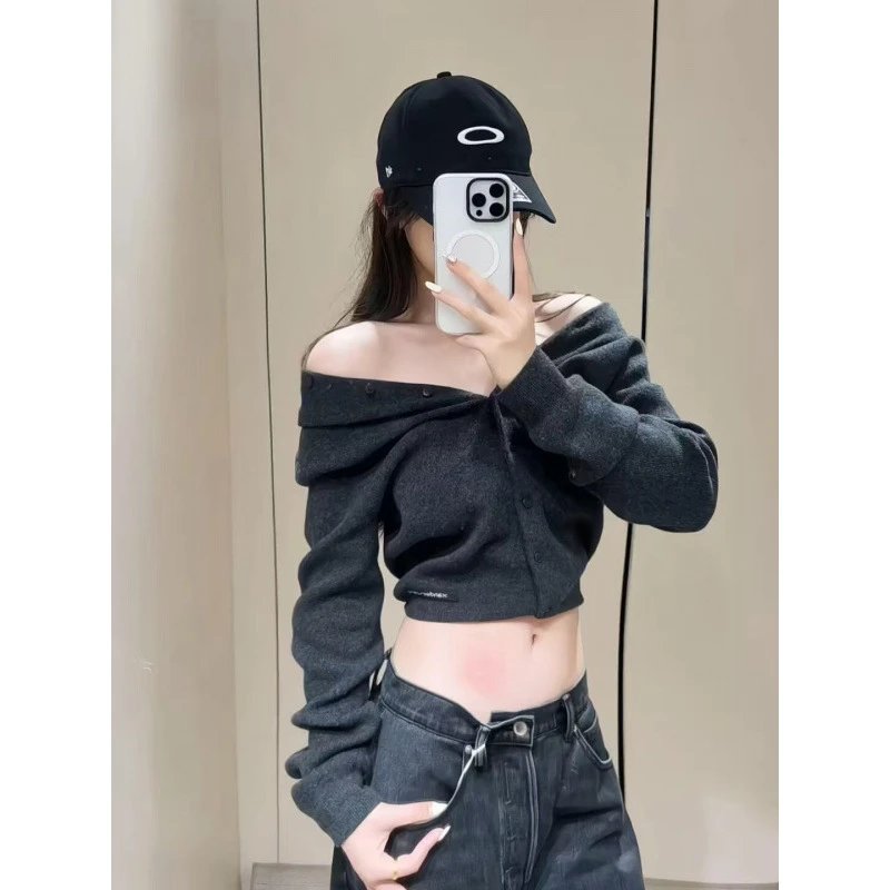 Black Off Shoulder Crop Knit Sweater