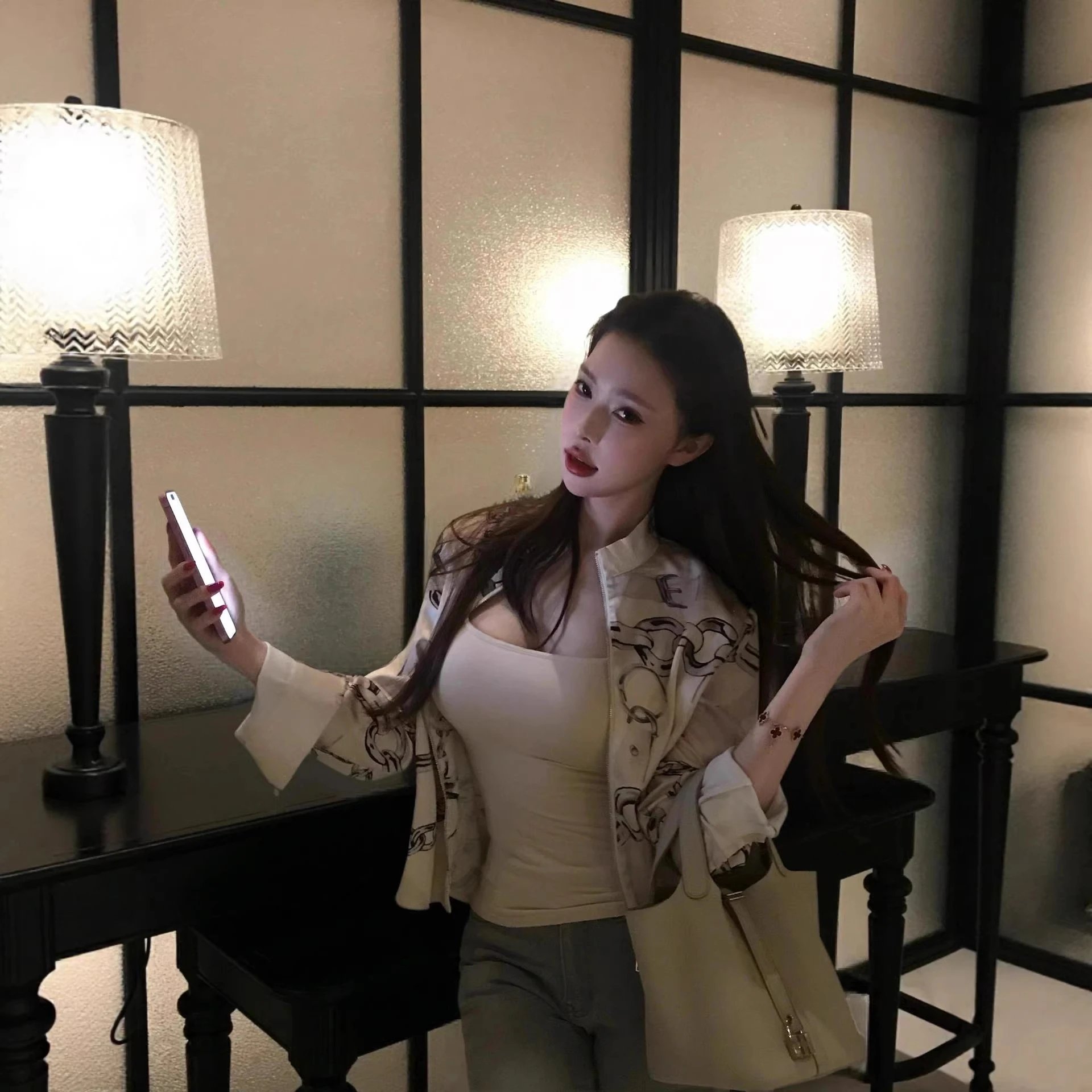 Chanel Inspired Beige Chain Print Bomber Jacket