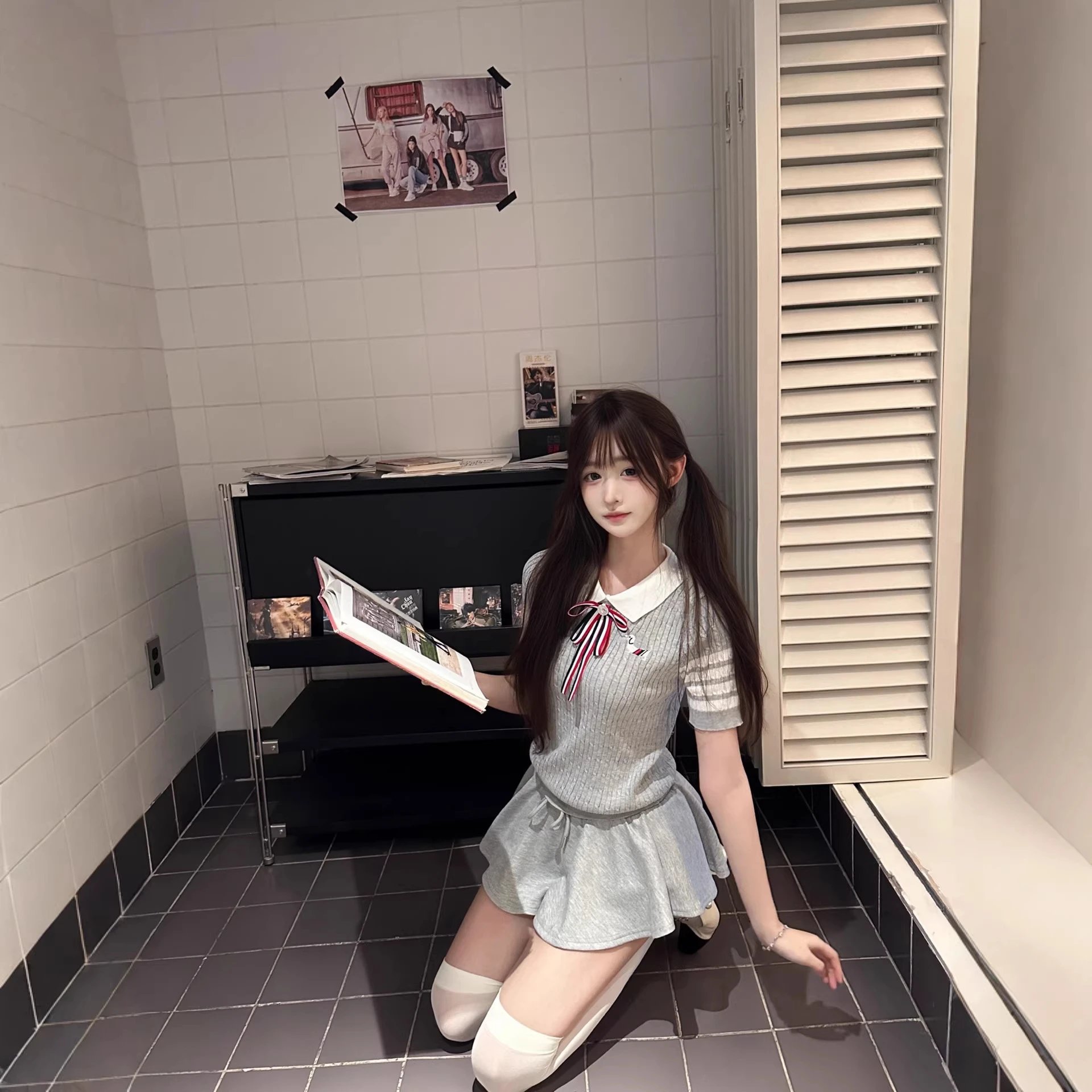 Gray Striped School Uniform Dress With Bow White Collar