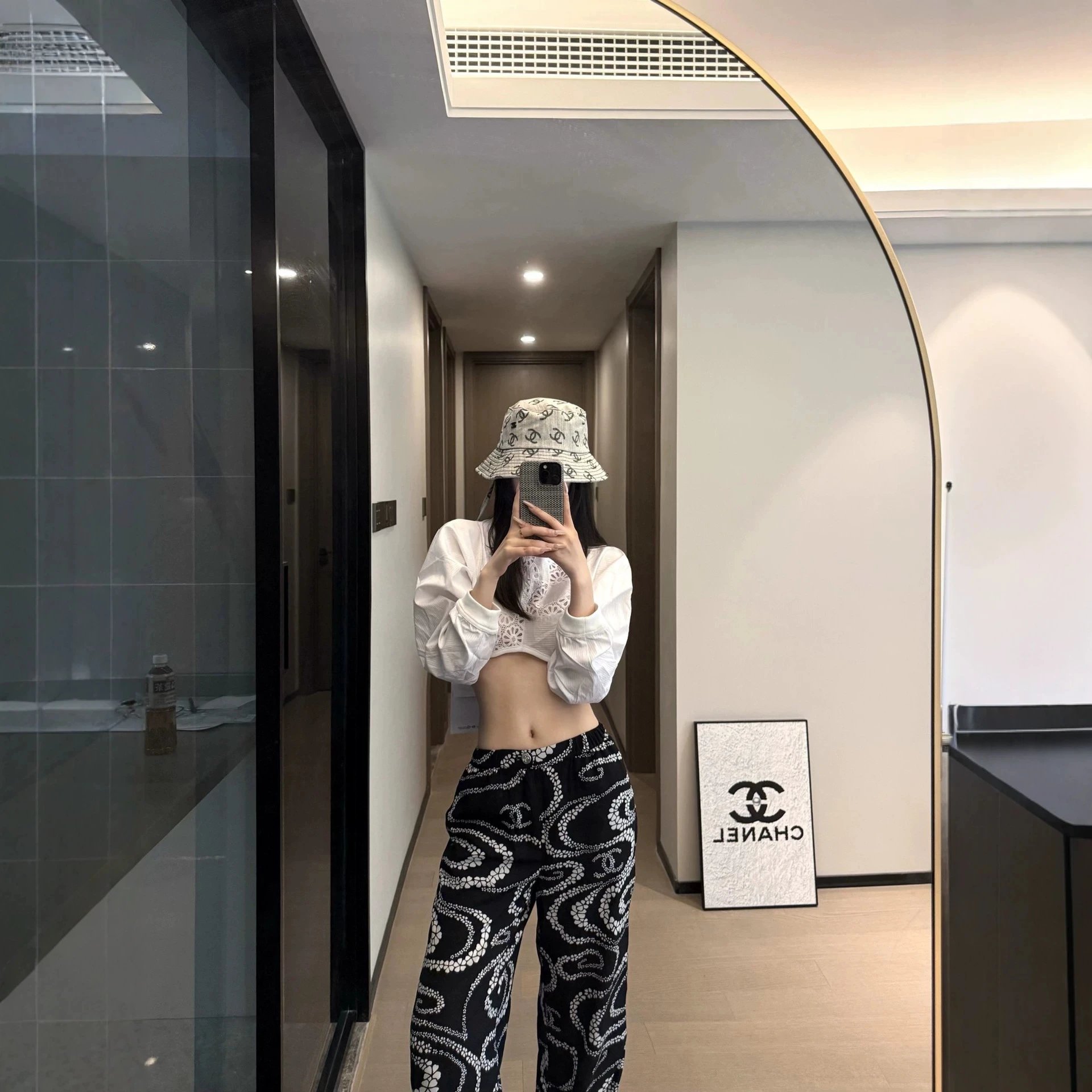 Chanel Logo Print White Bucket Hat
