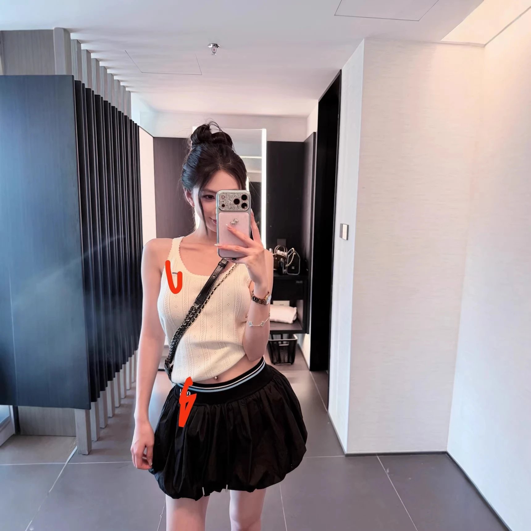 Knitted White Crop Top Black Pleated Skirt Set