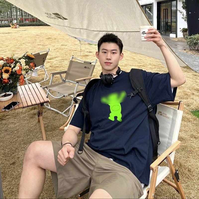 Unisex T-Shirt Navy Green Cartoon Print Casual Tee
