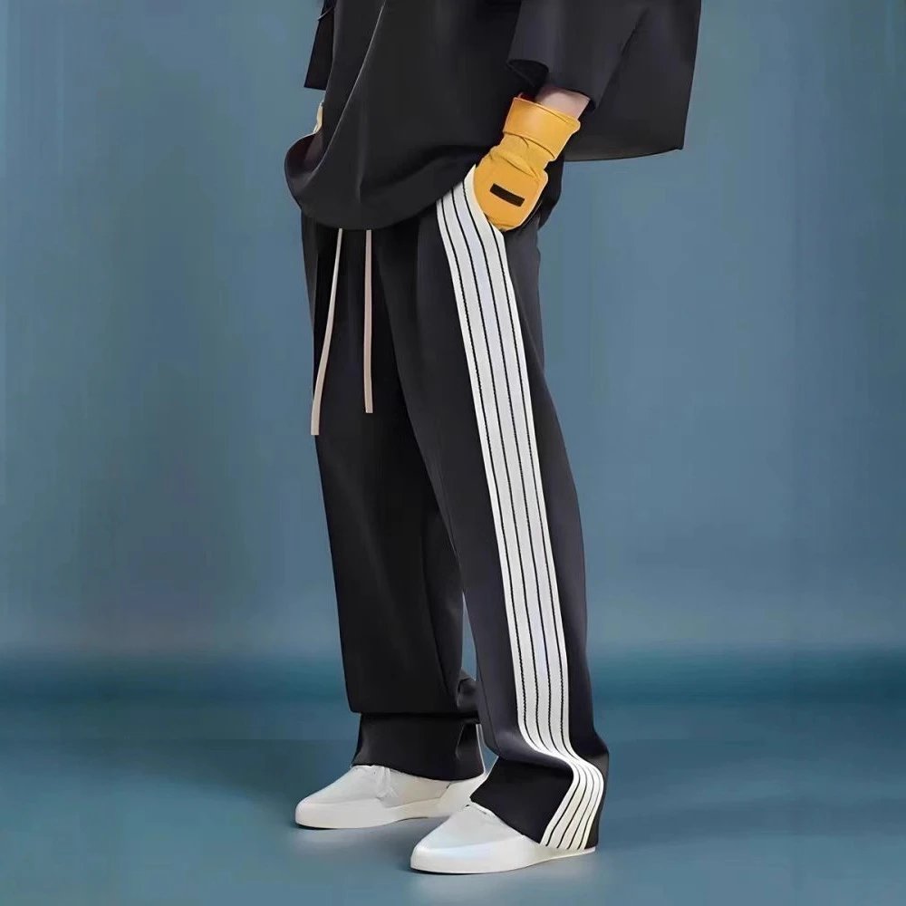 Black Track Trousers With White Stripes Casual Sportswear