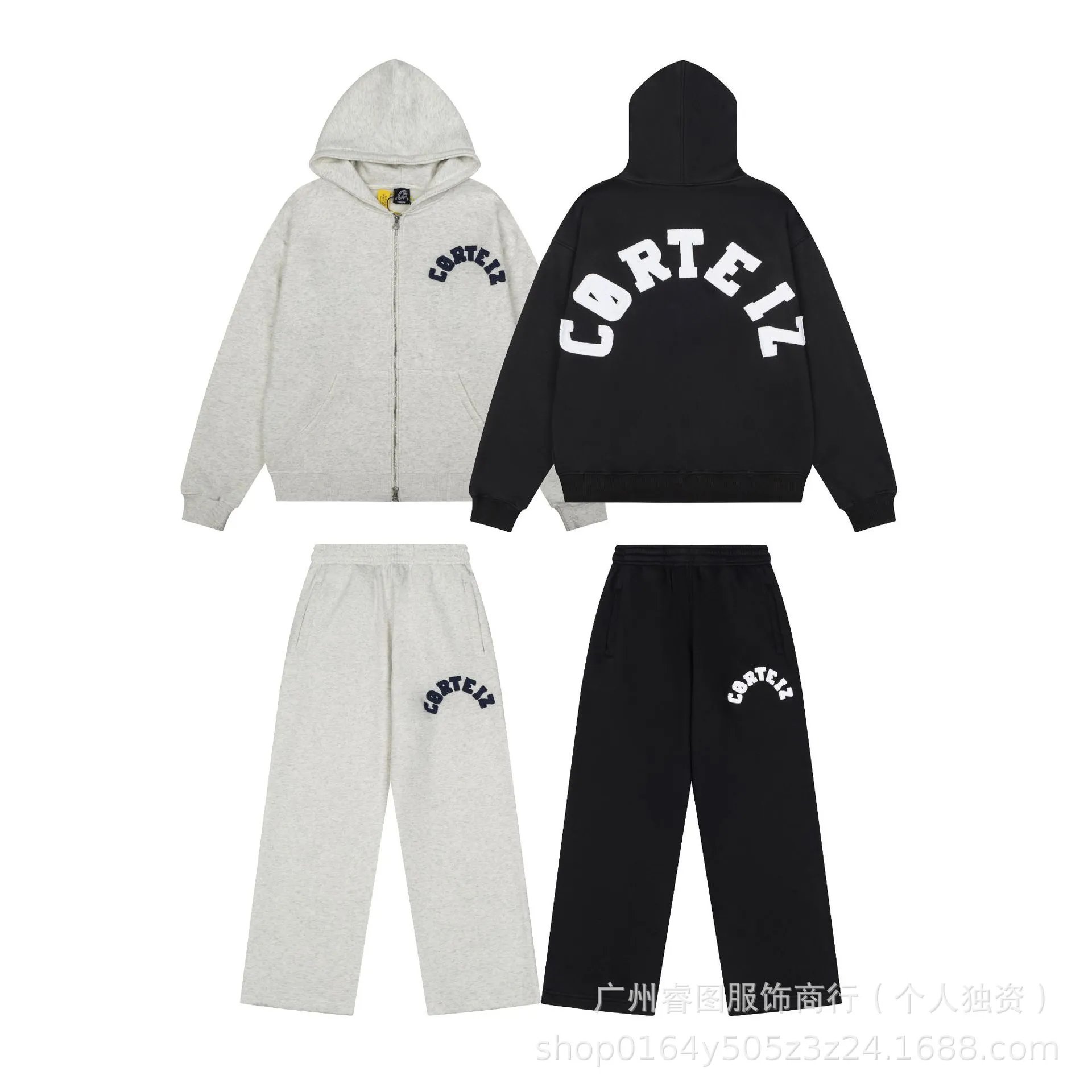 Corteiz Hoodie Set Grey And Black Casual