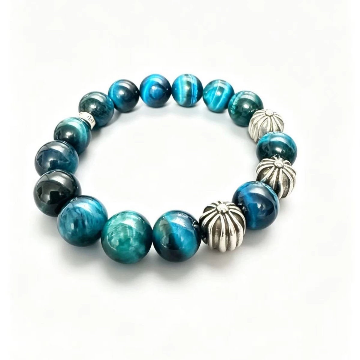 Blue Tiger Eye Beaded Bracelet Silver Accent Jewellery