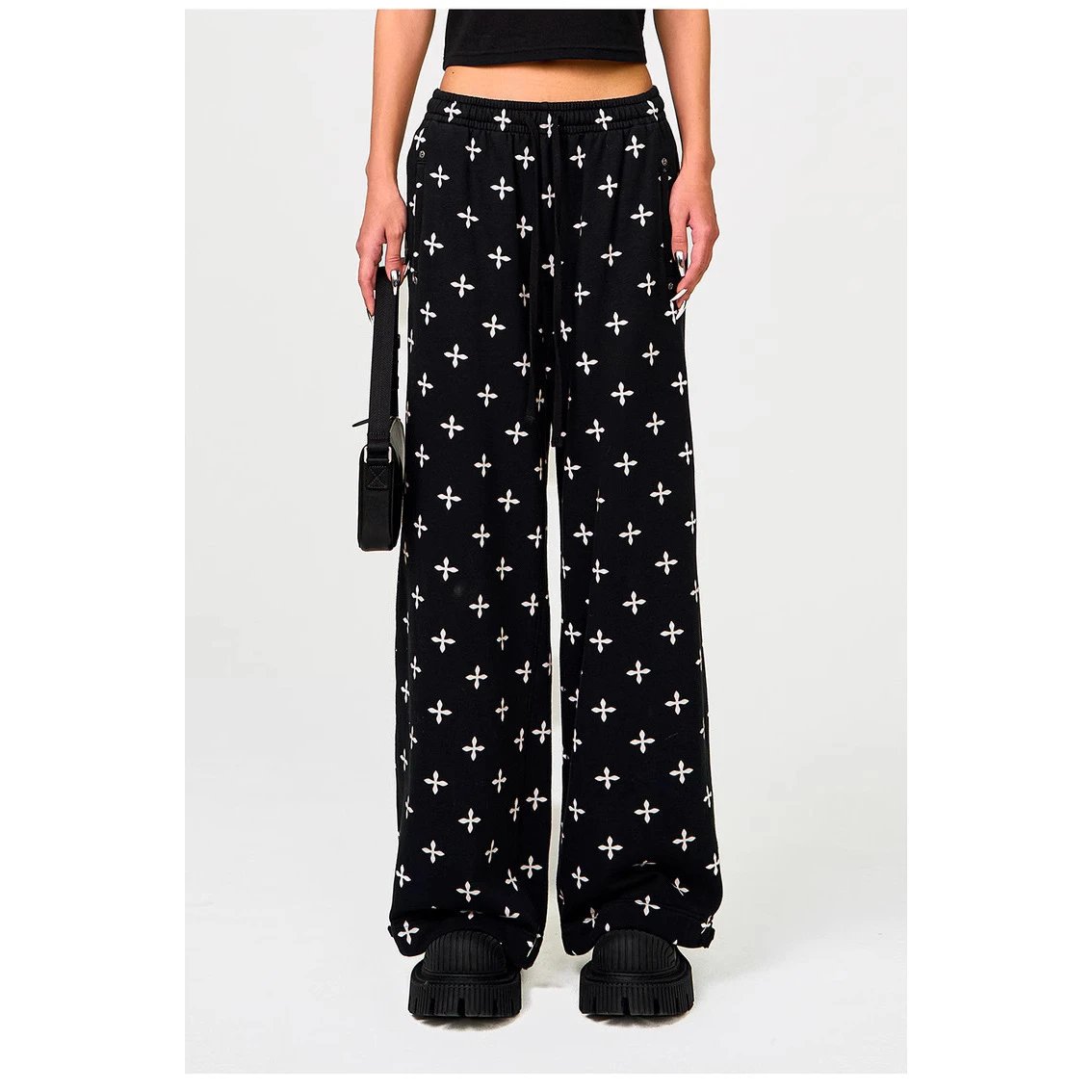 Black Printed Wide Leg Casual Trousers