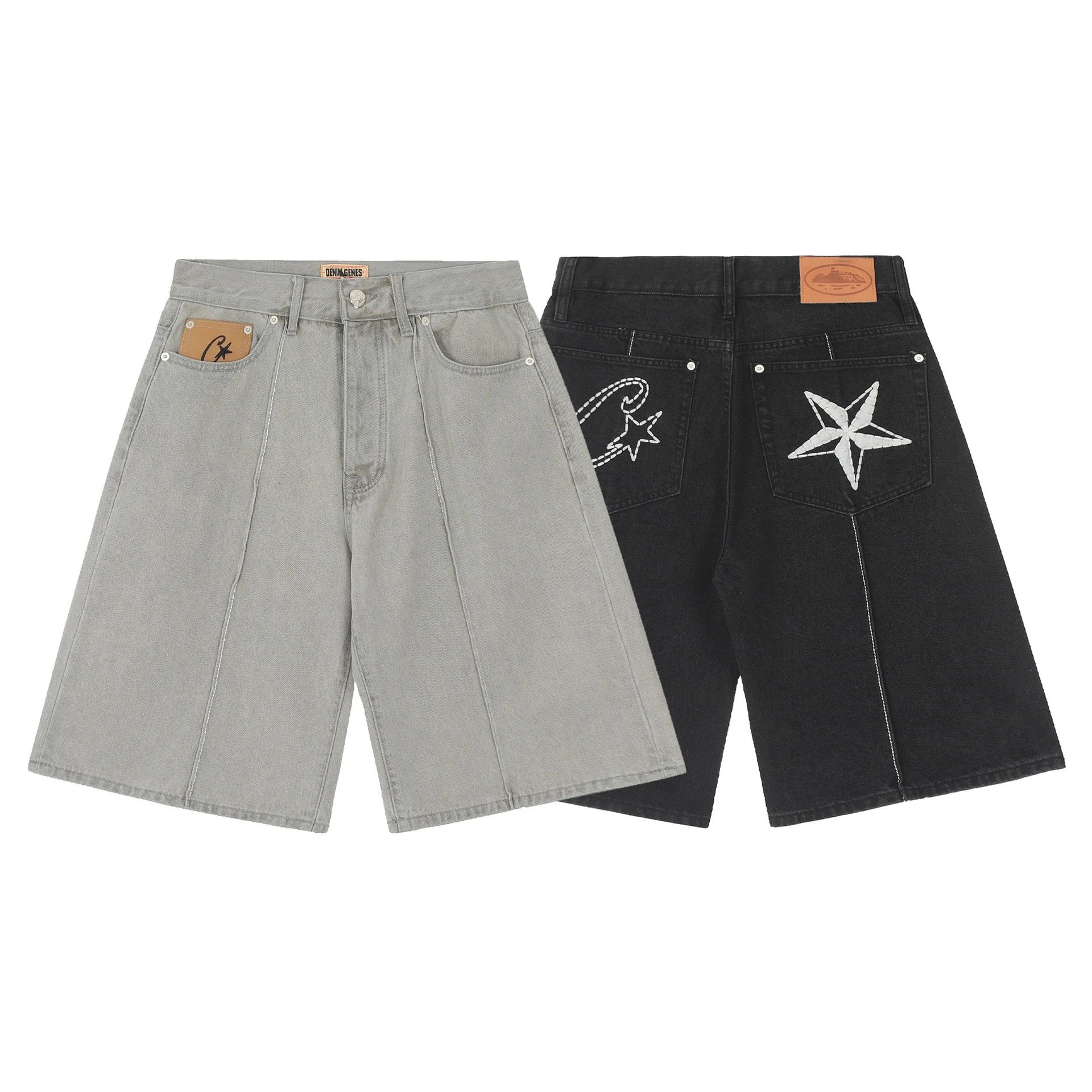 GenviGenes Denim Shorts Grey And Black Embroidered