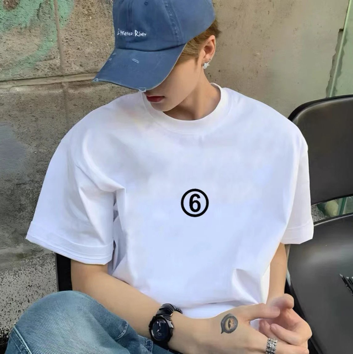 Unisex White T-Shirt With Number 6 Print Casual Style