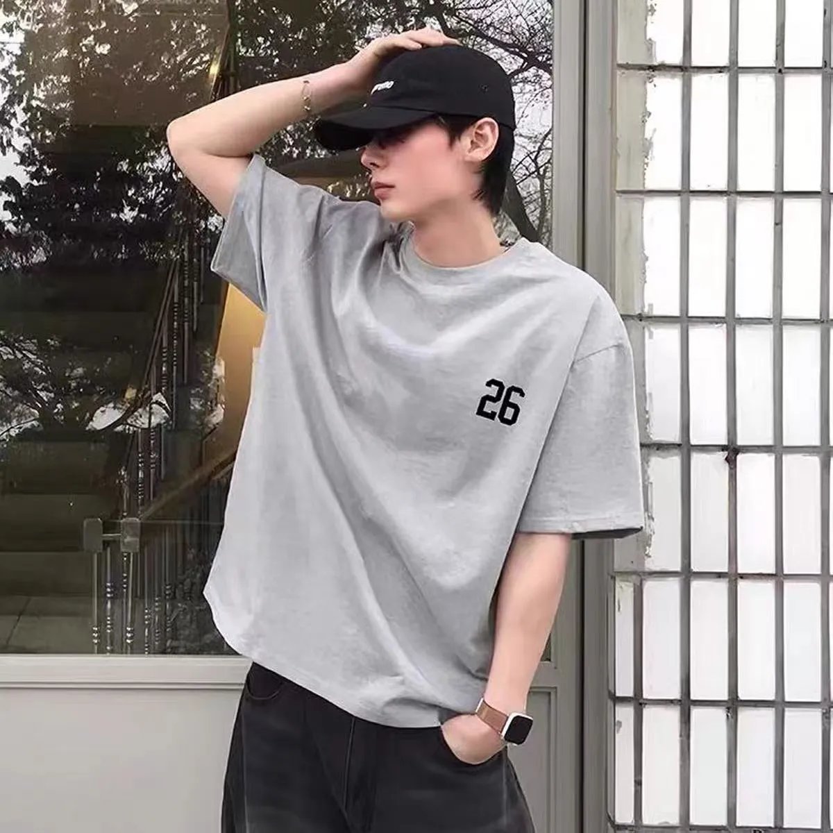 Unisex Grey 26 Print Oversized T-Shirt