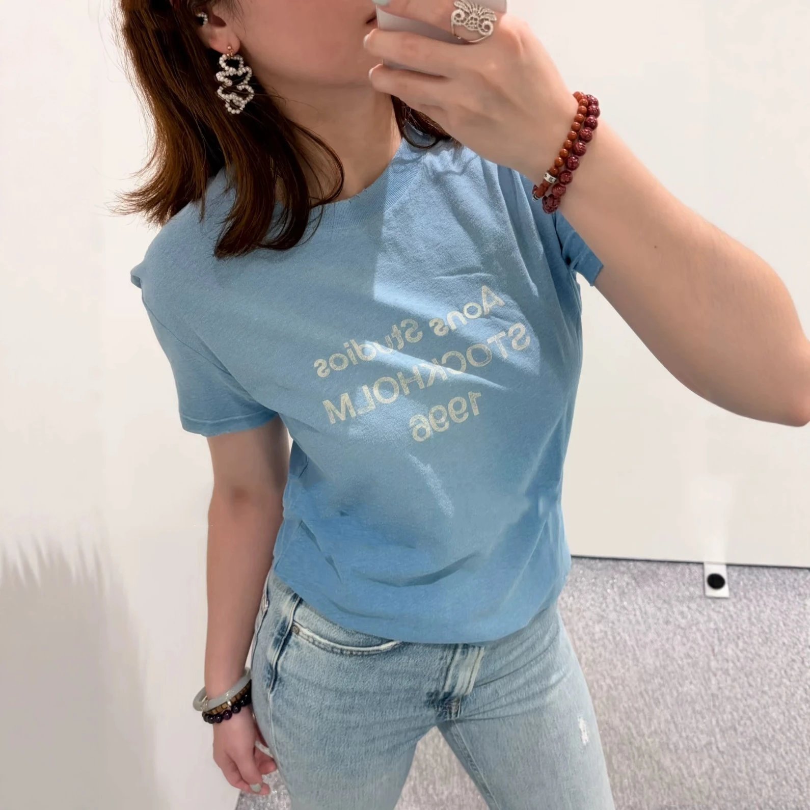Unisex Blue T-Shirt With Gold Print Casual Wear