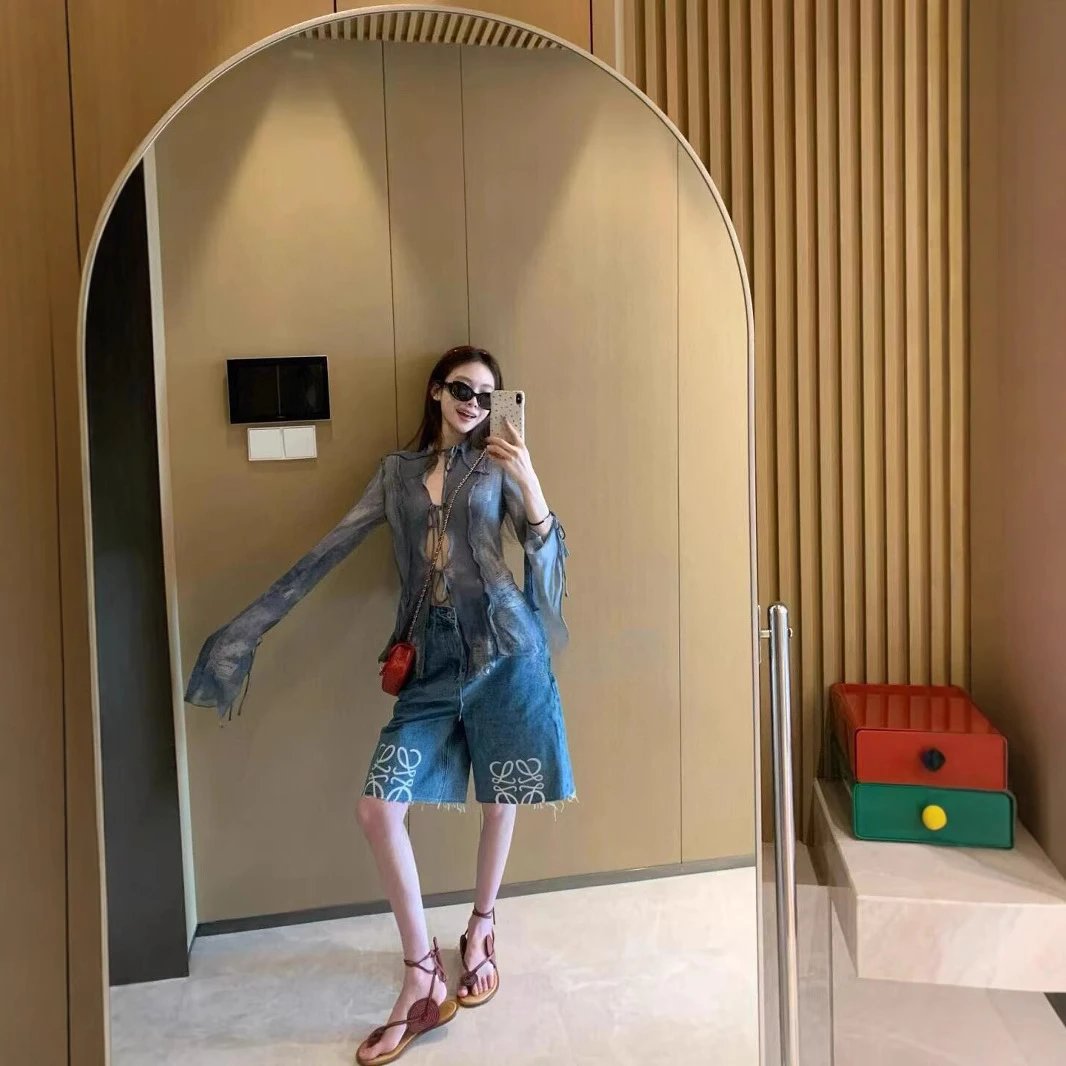 Denim Blue Embroidered Shorts Casual Trousers
