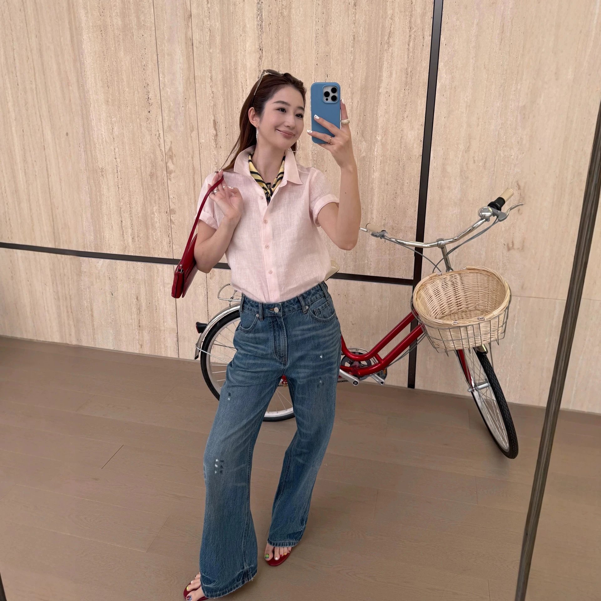 Pink Linen Shirt Blue Wide Leg Jeans