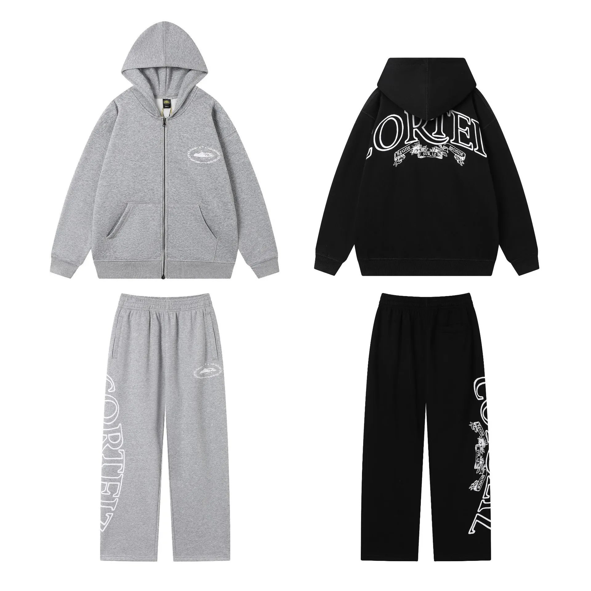 Ortei Zip Hoodie Grey And Black Casual Set