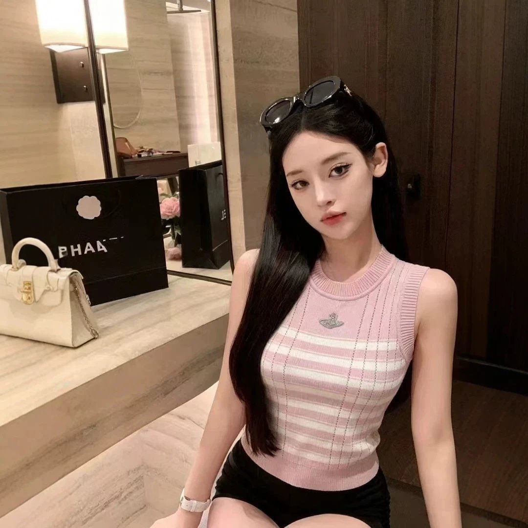Pink Striped Knit Sleeveless Top Women's Fashion