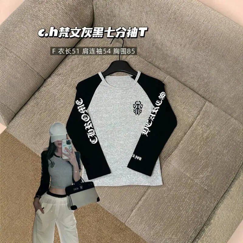 C.H Grey Black Seven Quarter Sleeve T-Shirt Casual