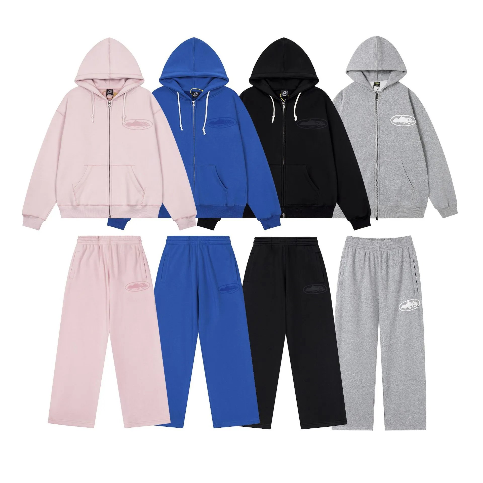 Basic Zip-Up Hoodie Set Pink Casual Tracksuit