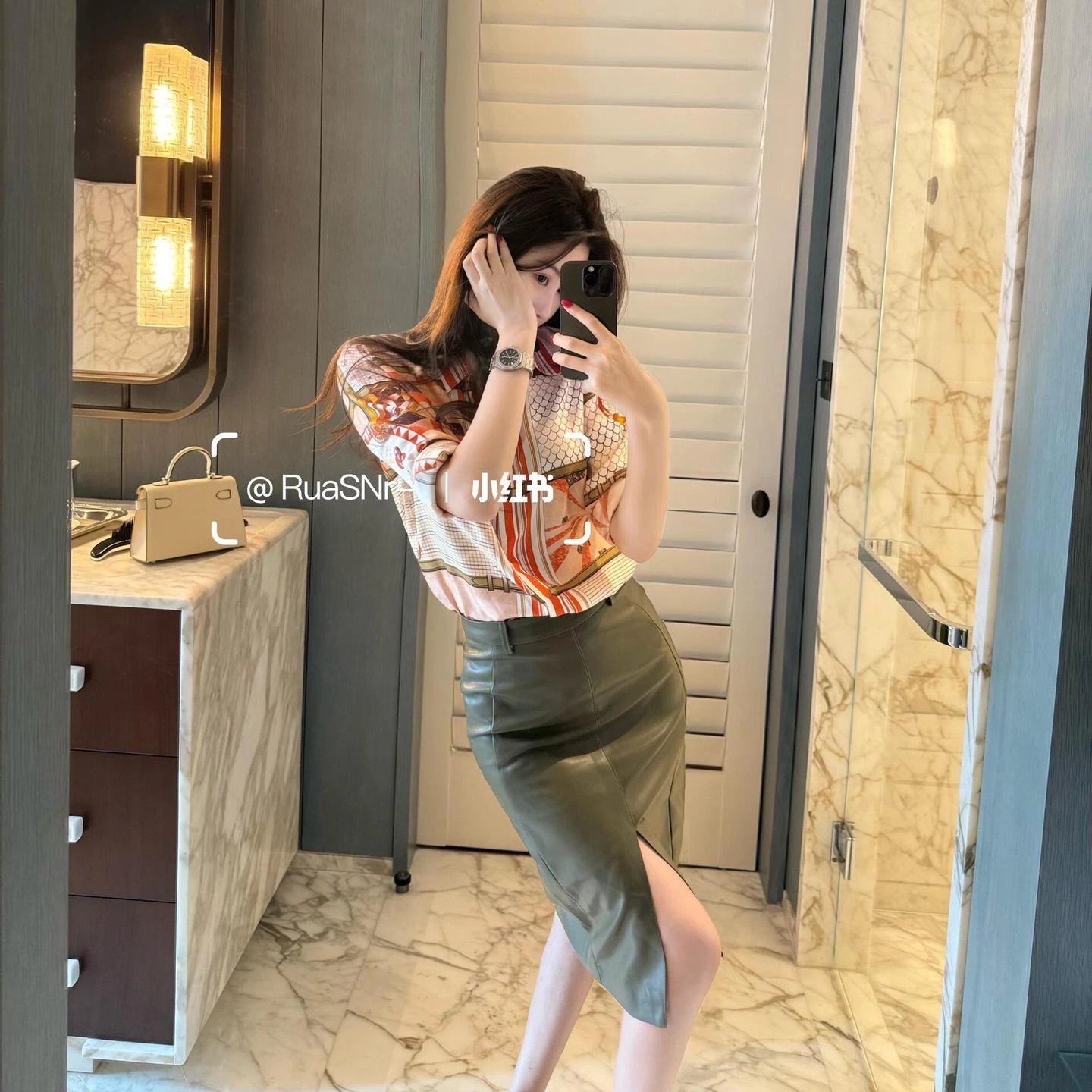 Olive Leather High Waist Pencil Skirt