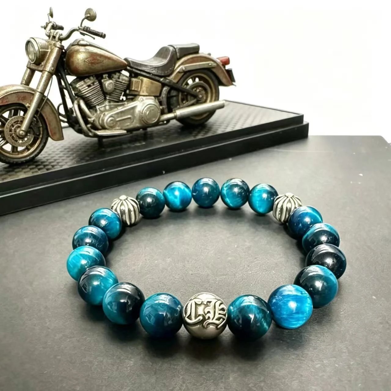Blue Agate Beaded Bracelet Silver Accent Men's Jewellery