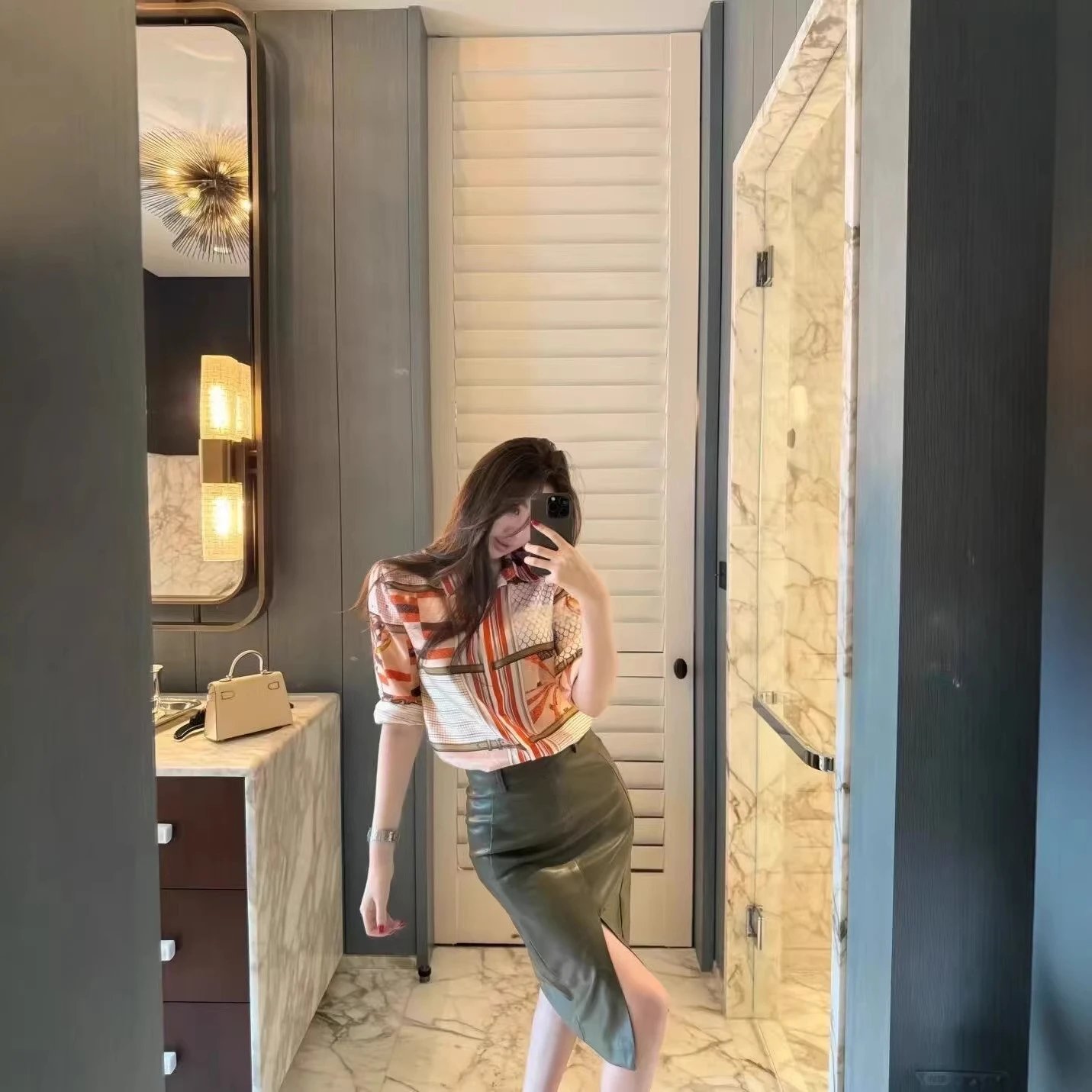 Patterned Blouse Olive Green Leather Skirt Set