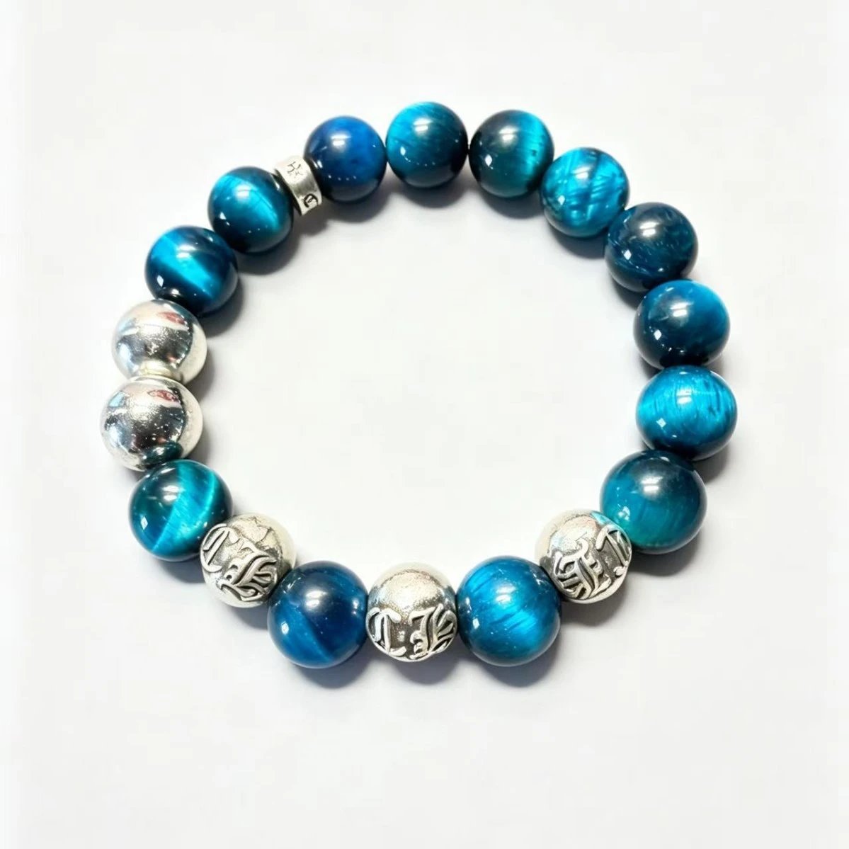 Blue Tiger Eye Silver Beaded Bracelet