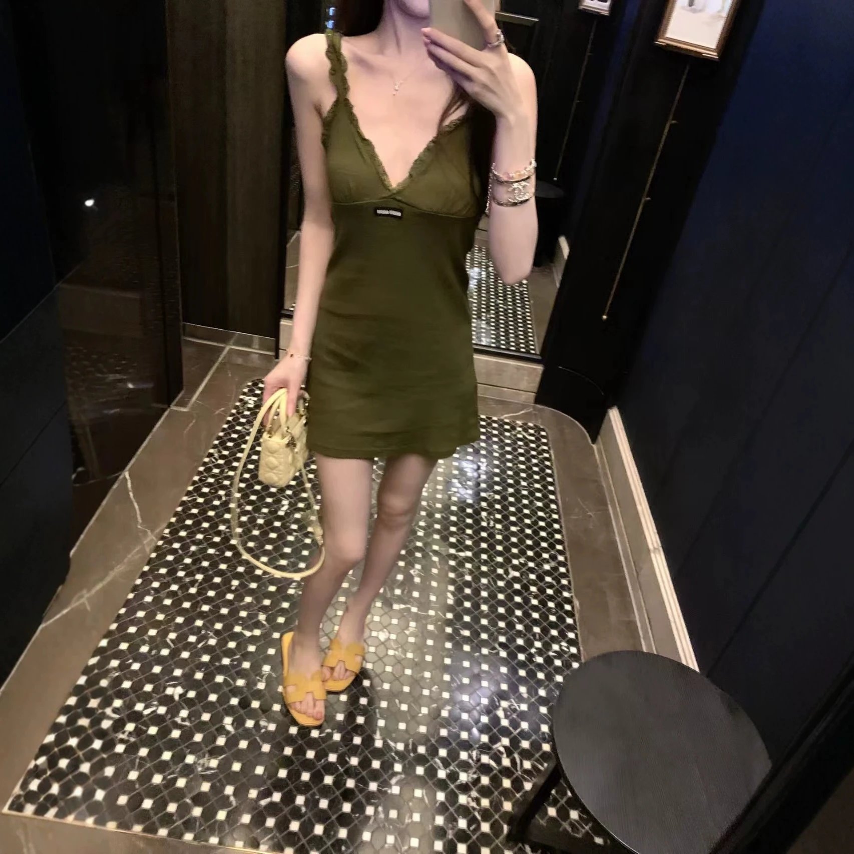 Olive Green V-Neck Sleeveless Mini Dress