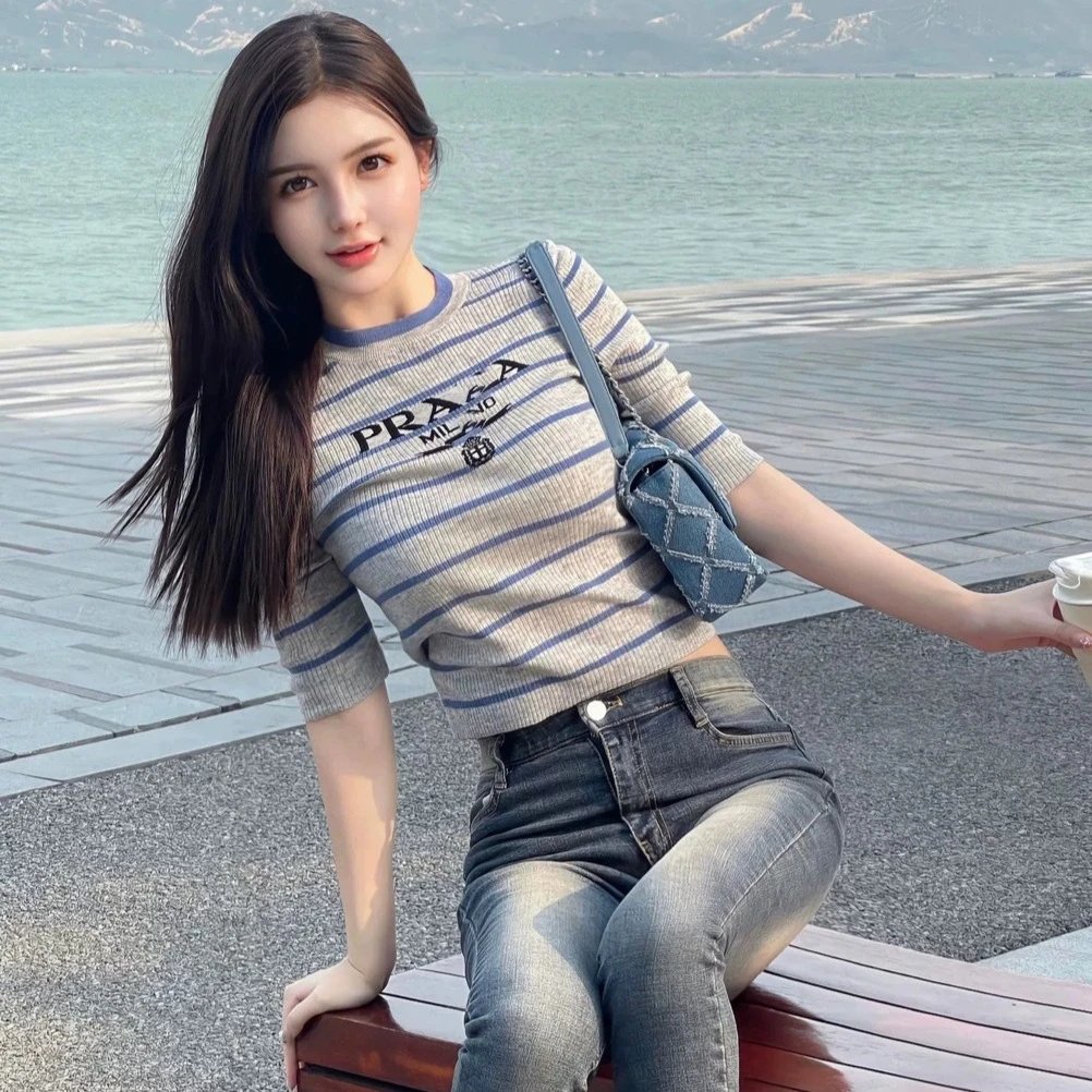Prada Milano Grey Blue Striped Knit Top