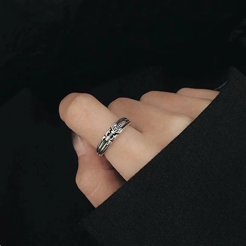 Silver Tribal Pattern Ring Black Gothic Style