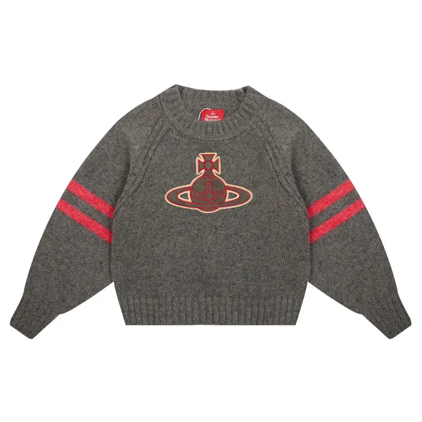 Vivienne Westwood Orb Logo Crewneck Sweater Gray with Red Stripes - 1