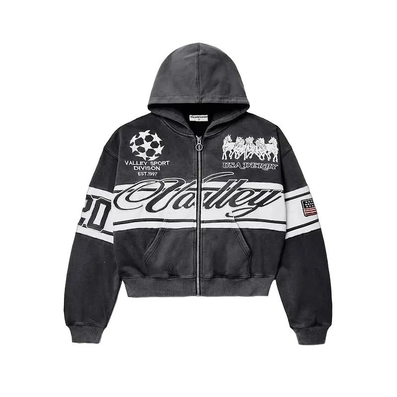 Valley Dreams Hoodies & Sweatshirts Zip-Up Hooded Sweatshirt with Embroidered Graphic and Rhinestone Details — YN-21