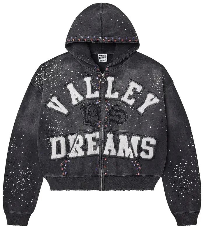 Valley Dreams Hoodies & Sweatshirts Zip-Up Hooded Sweatshirt with Embroidered Graphic and Rhinestone Details — YN-04