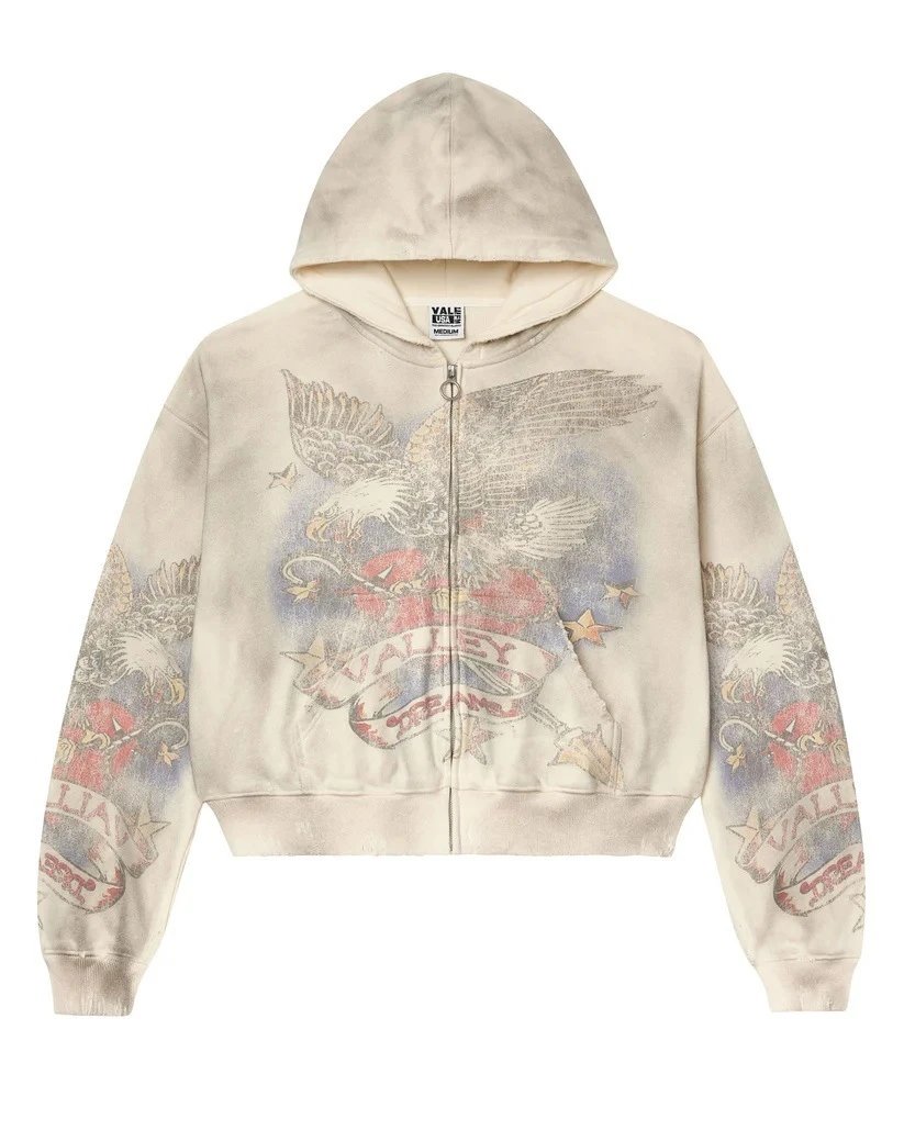 Valley Dreams Hoodies & Sweatshirts Zip-Up Hooded Sweatshirt with Embroidered Graphic and Rhinestone Details — YN-27