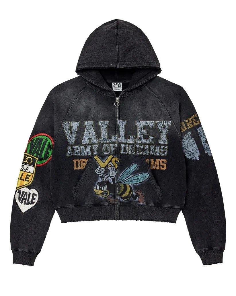 Valley Dreams Hoodies & Sweatshirts Zip-Up Hooded Sweatshirt with Embroidered Graphic and Rhinestone Details — YN-29