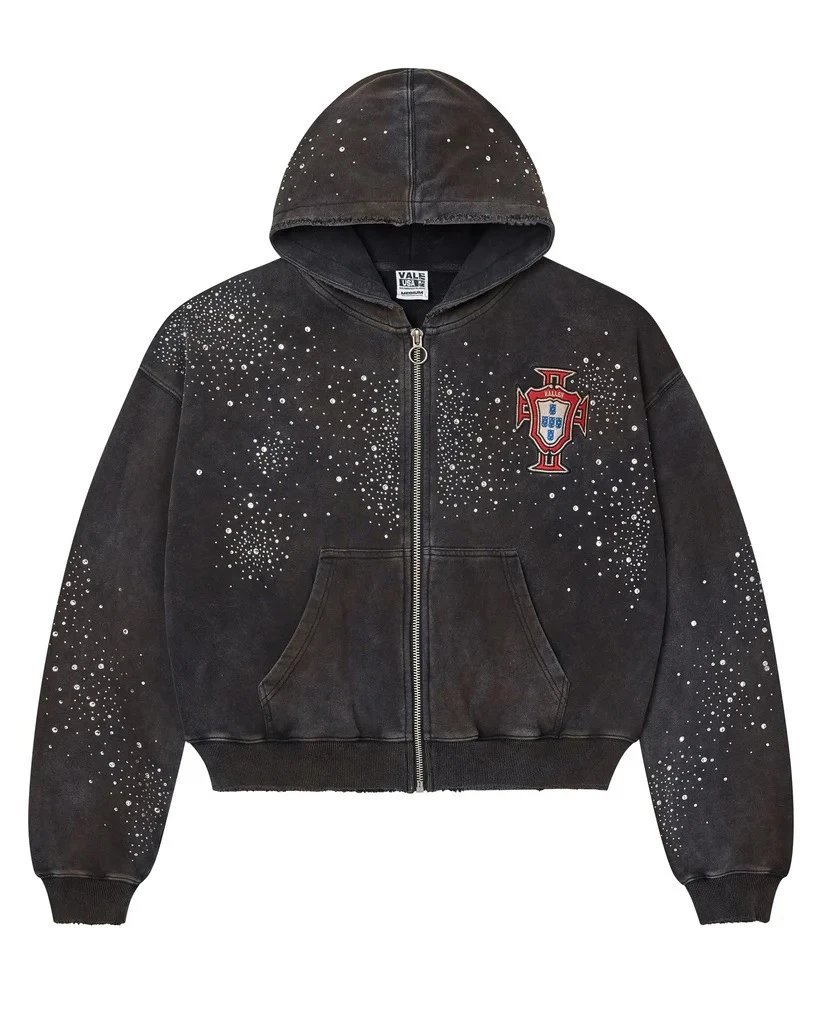 Valley Dreams Hoodies & Sweatshirts Zip-Up Hooded Sweatshirt with Embroidered Graphic and Rhinestone Details — YN-32