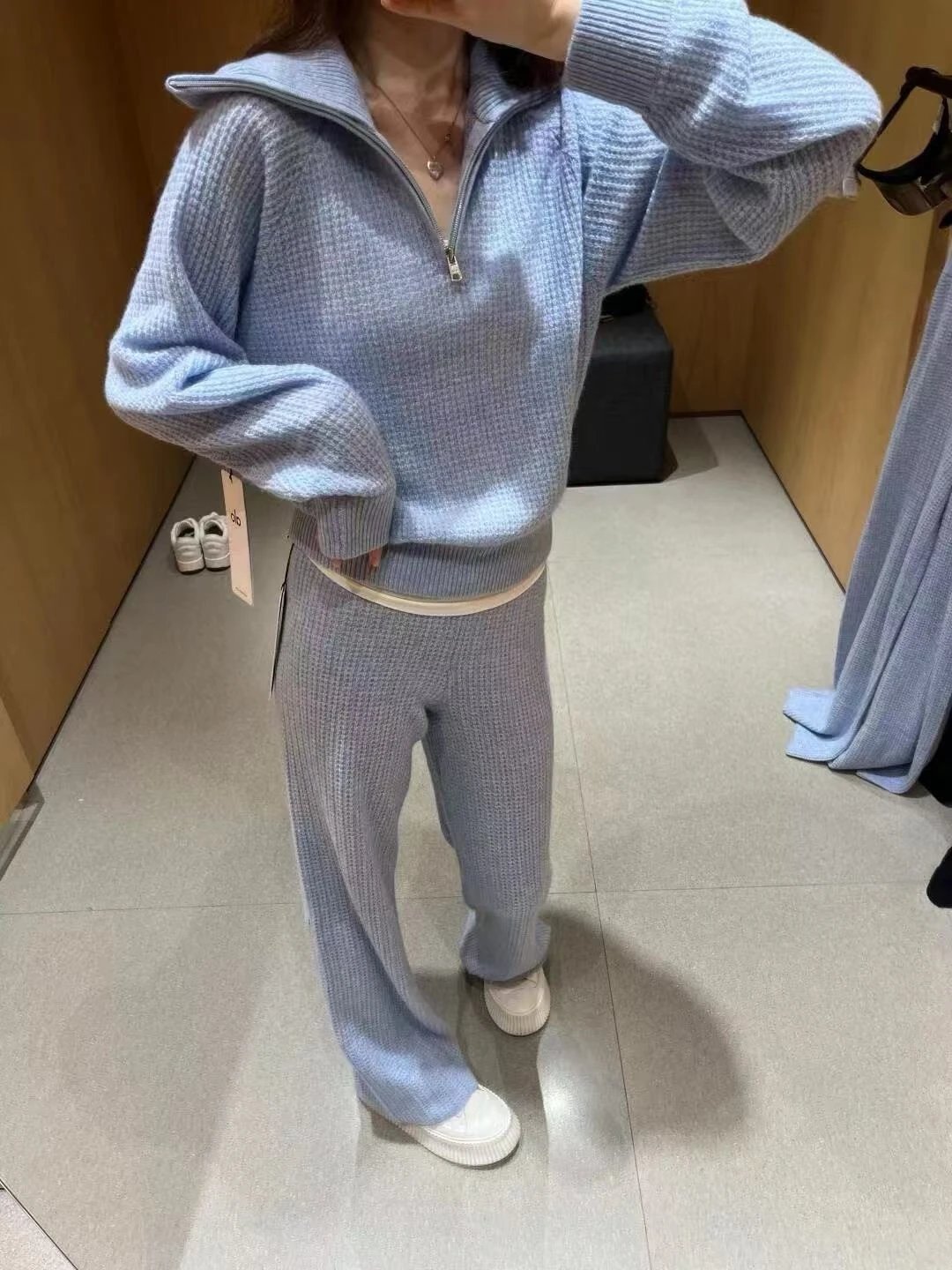 MMY Ribbed Half-Zip Knit Set Sky Blue - 4