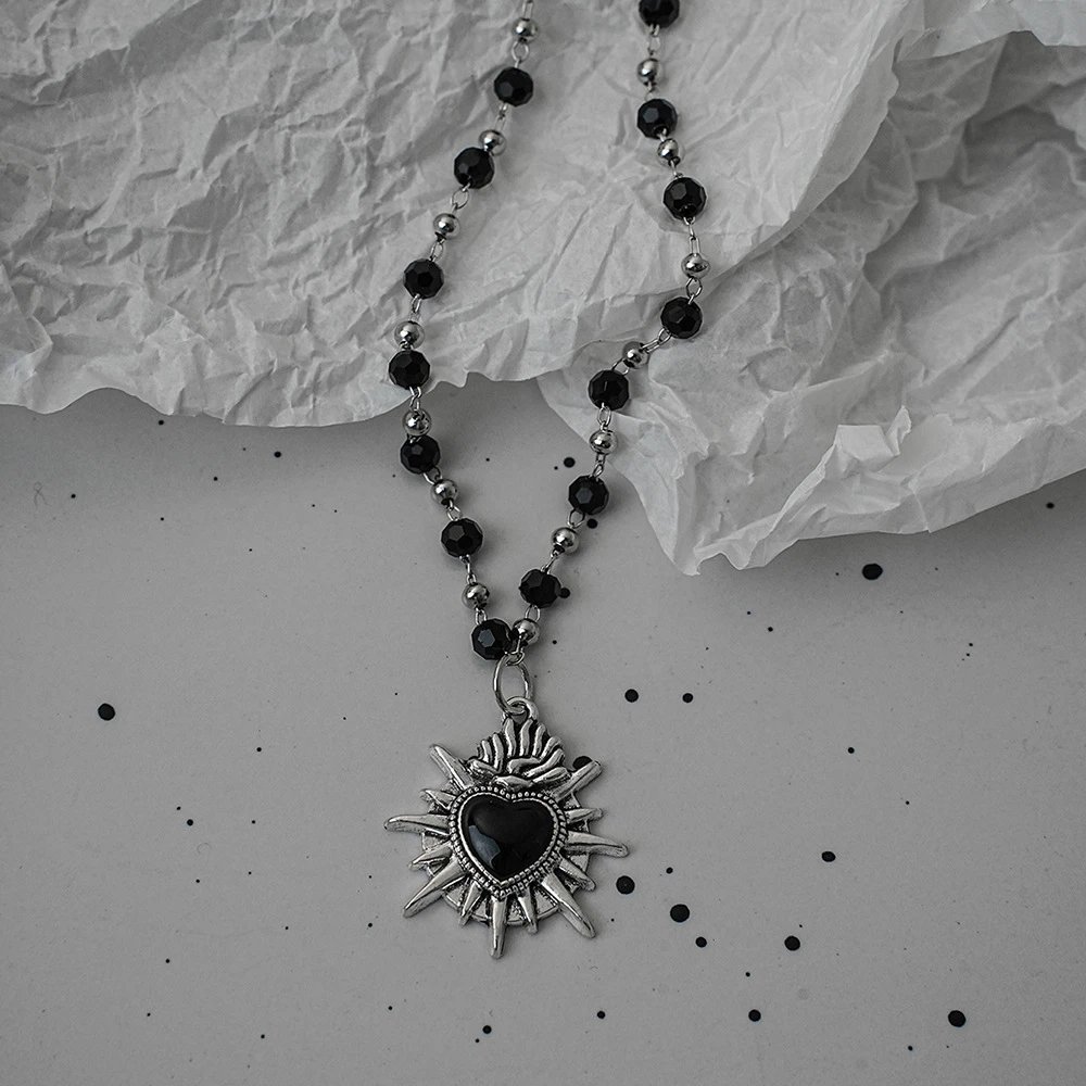 1 Black Faceted Bead Necklace with Spiked Heart Pendant