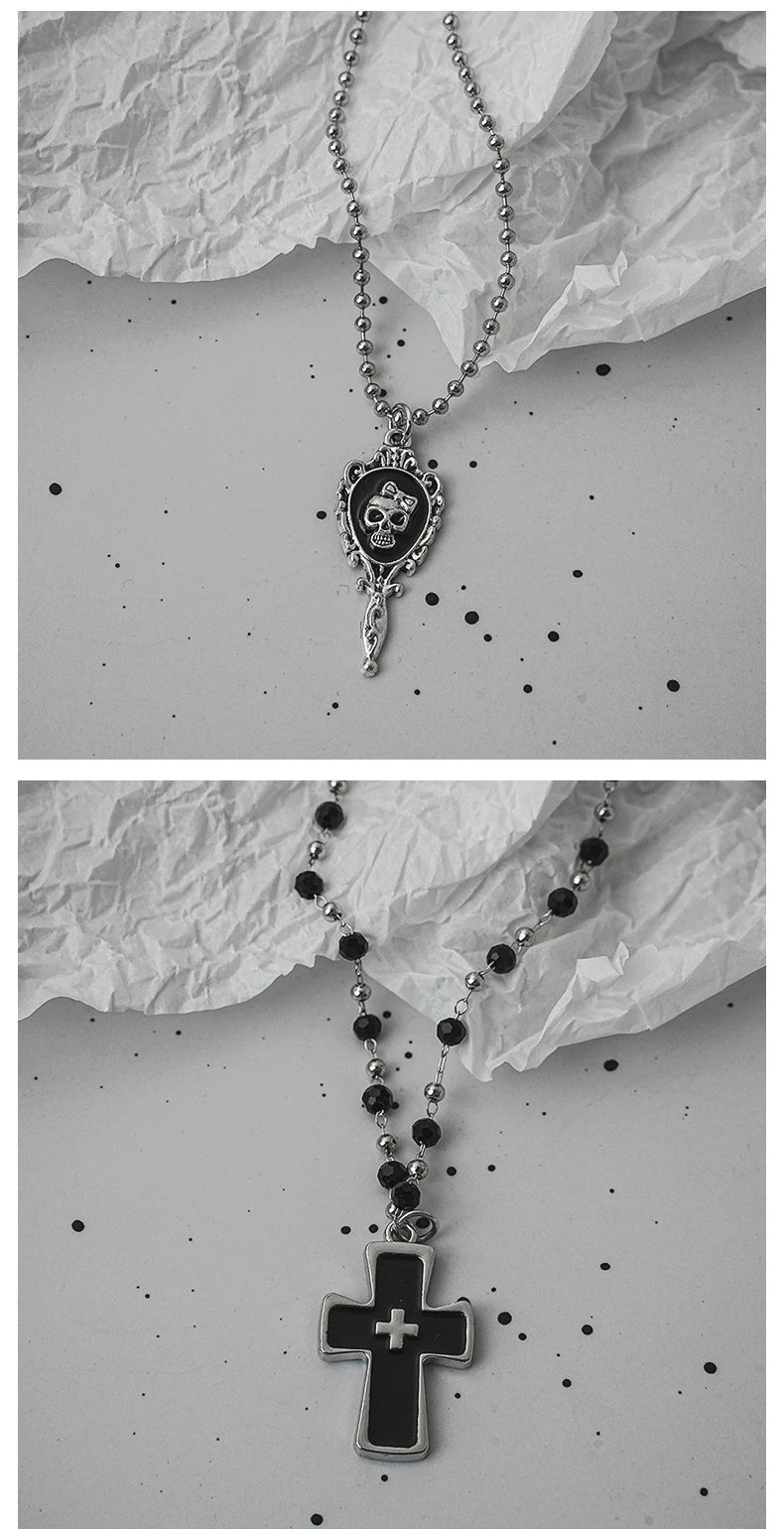 Saint Tears Skull Hand Mirror Pendant Necklace Silver - 6